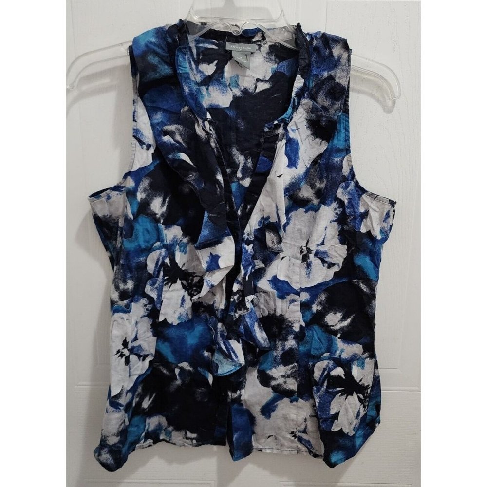 Ann Taylor Women's Ruffle V Neck Sleeveless Button Up Blouse Blue Floral Size 8